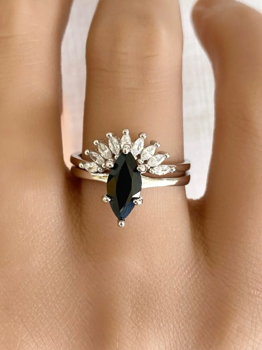 Black CZ Marquise Cut 2pc Sterling Silver Solitaire Stacking Band Ring Set